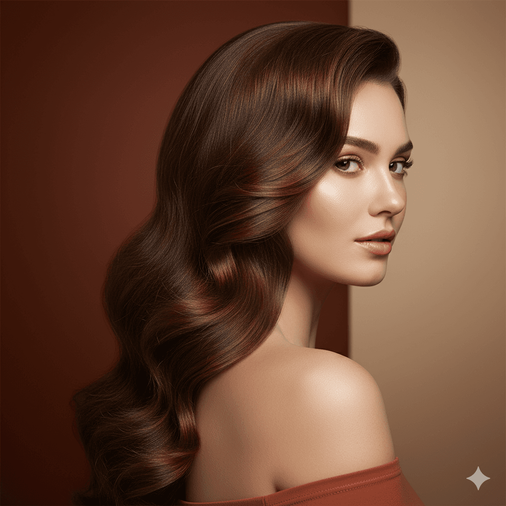 A woman with beautiful, wavy red hair, shown from the side.